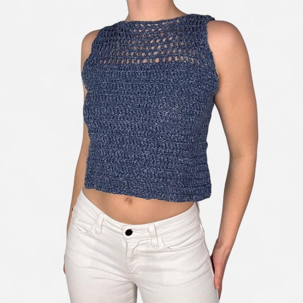 Handmade blue crochet knit tank top high neck slightly cropped - fits like small